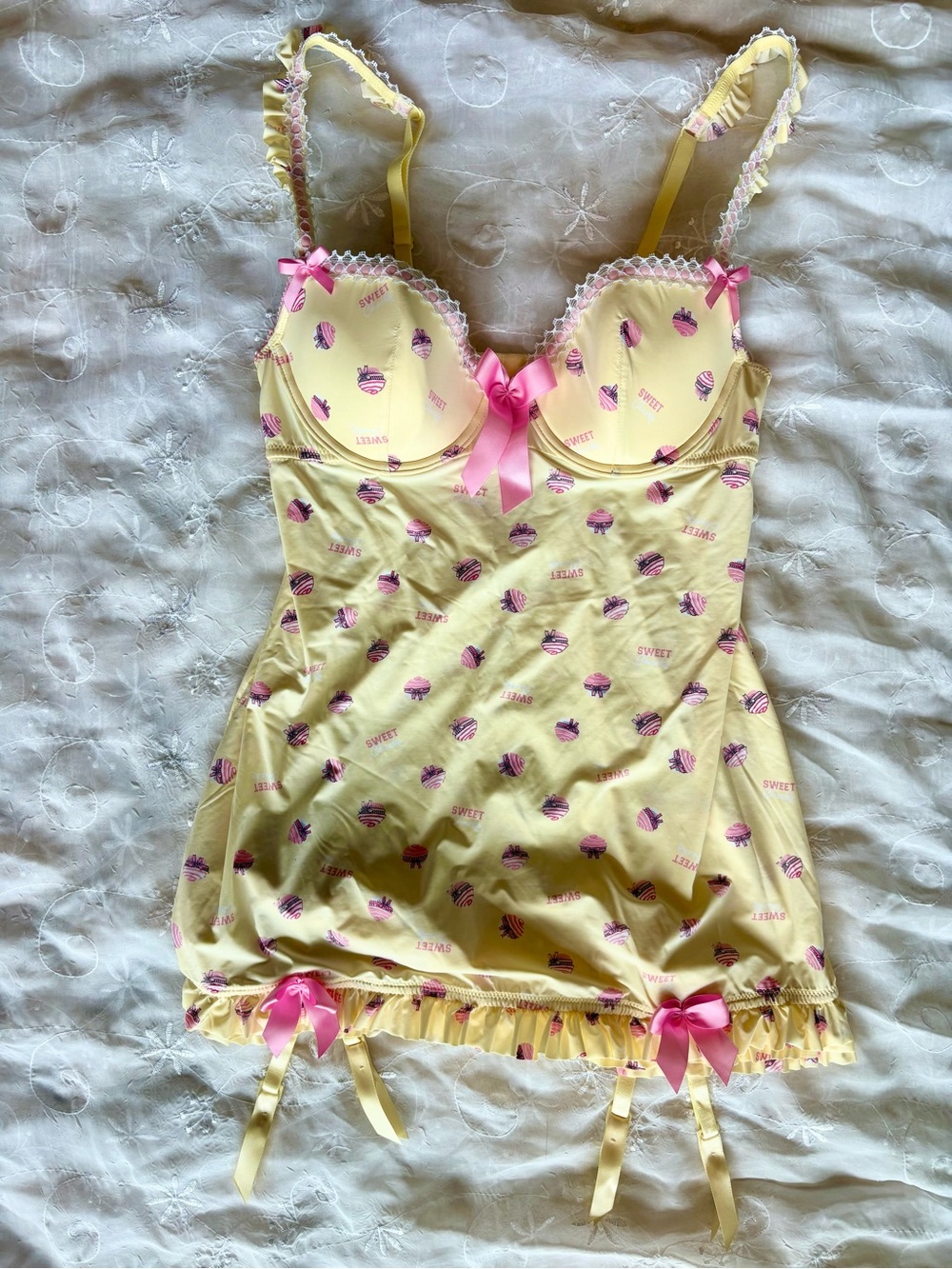 Y2K Yellow & Pink Cupcake Print Babydoll Chemise with Bow Details